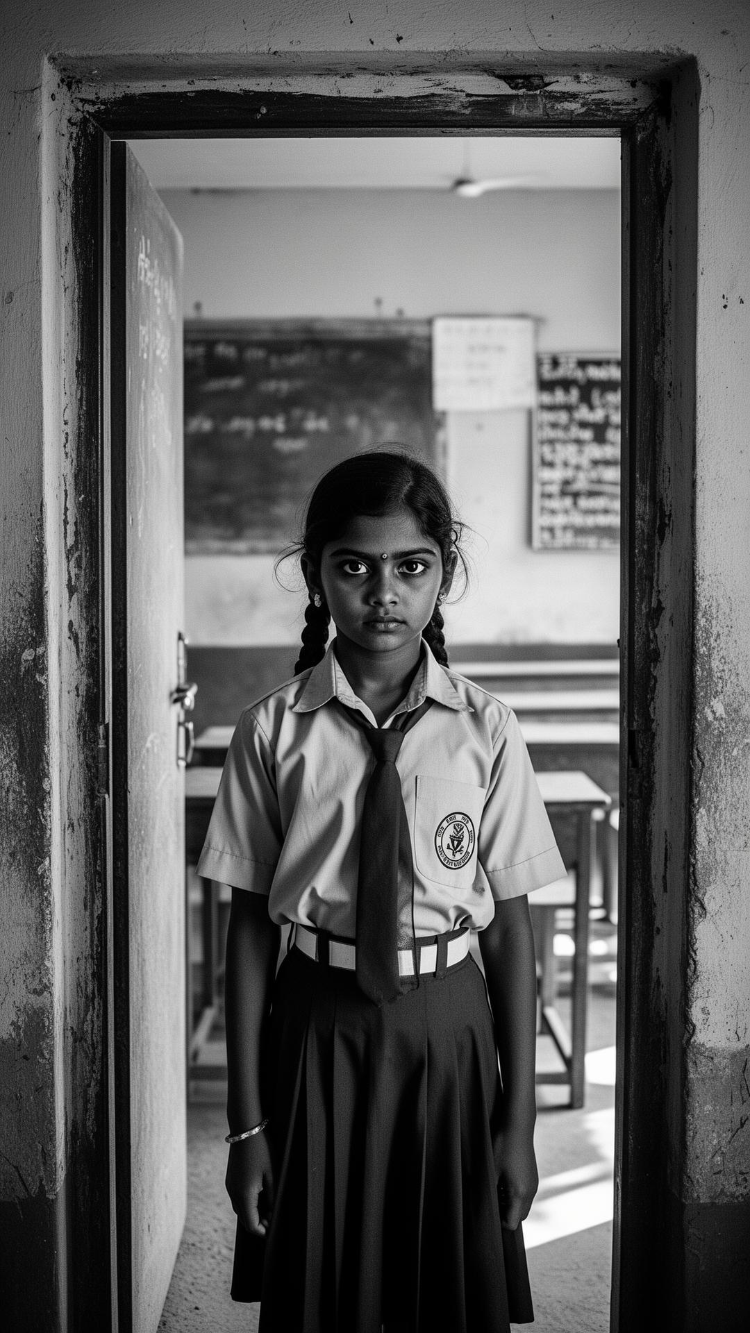 A young girl standing in the doorway of her rural classroom in India